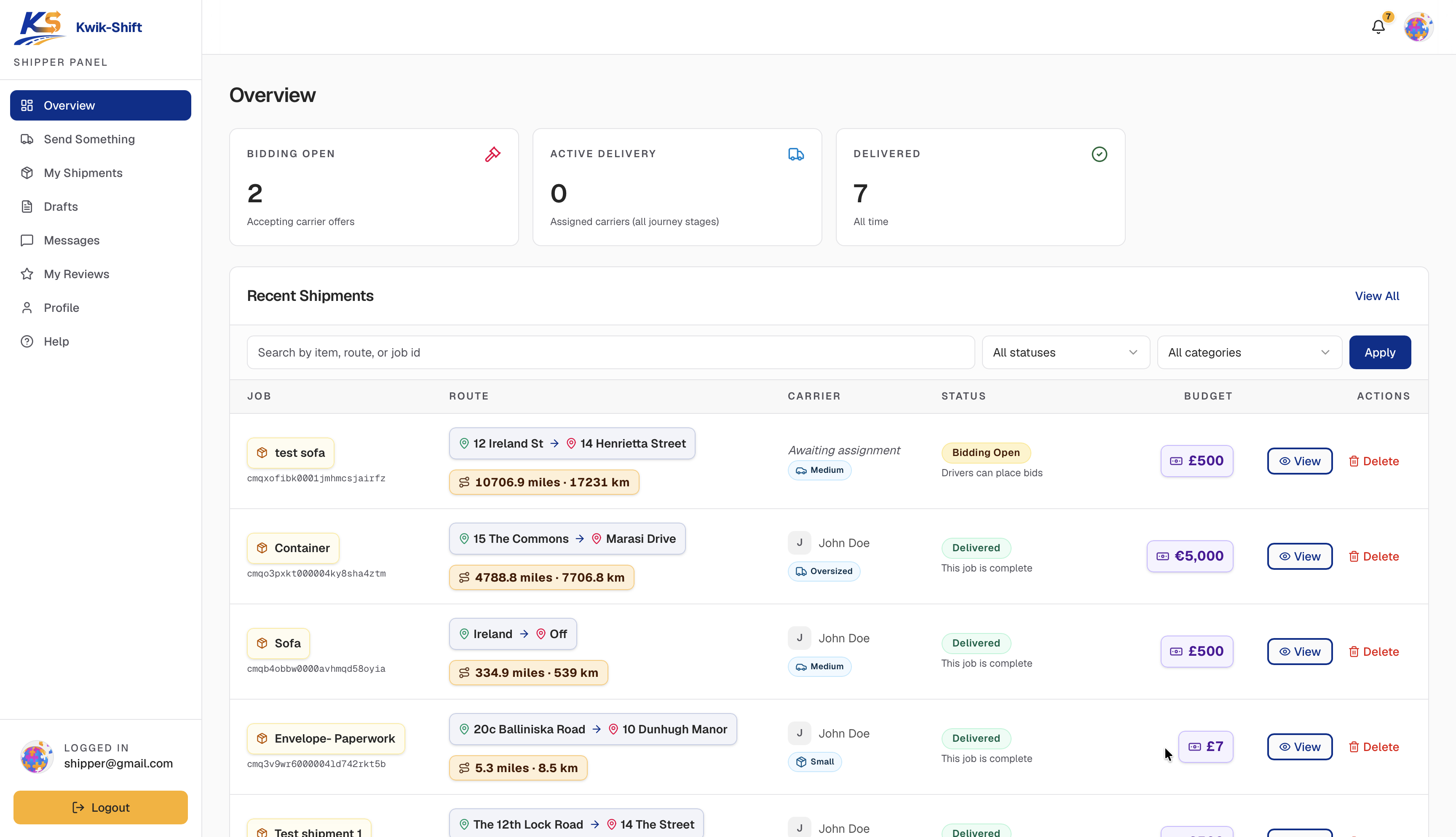 Kwik Shift dashboard